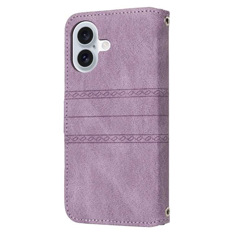 For iPhone 16 Embossed Stripes Skin Feel Leather Phone Case