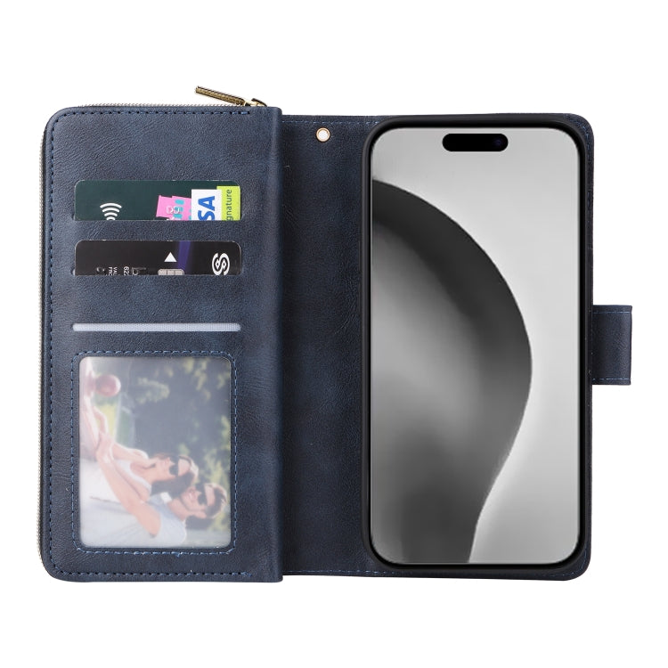 For iPhone 16 Pro Max 9 Card Slots Zipper Wallet Bag Leather Phone Case