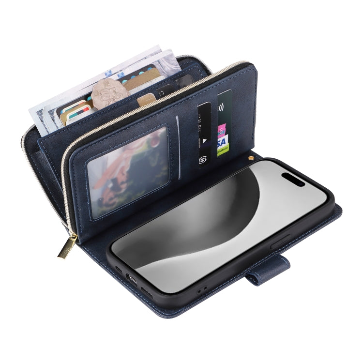 For iPhone 16 Pro Max 9 Card Slots Zipper Wallet Bag Leather Phone Case