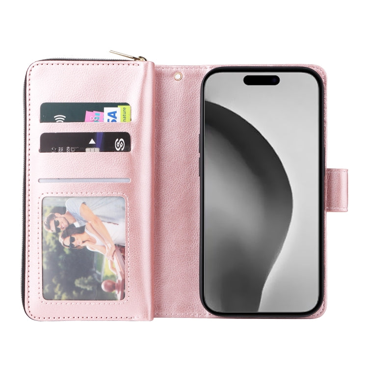 For iPhone 16 Pro Max 9 Card Slots Zipper Wallet Bag Leather Phone Case