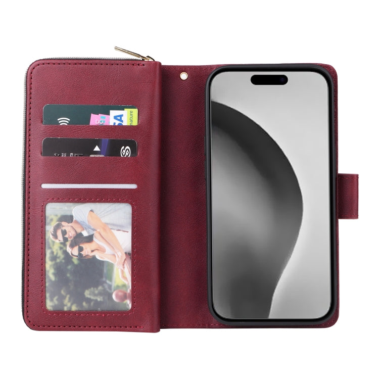 For iPhone 16 Pro Max 9 Card Slots Zipper Wallet Bag Leather Phone Case