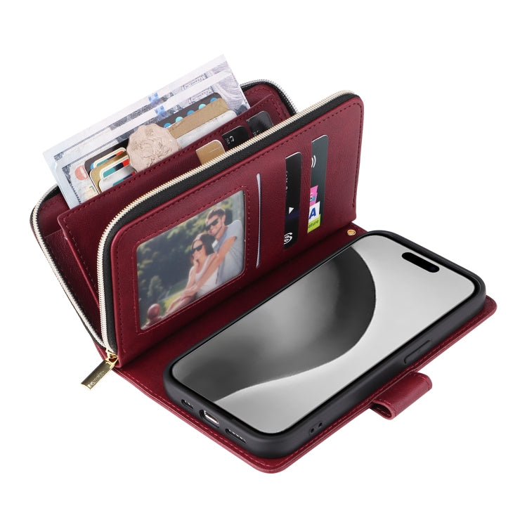For iPhone 16 Pro Max 9 Card Slots Zipper Wallet Bag Leather Phone Case