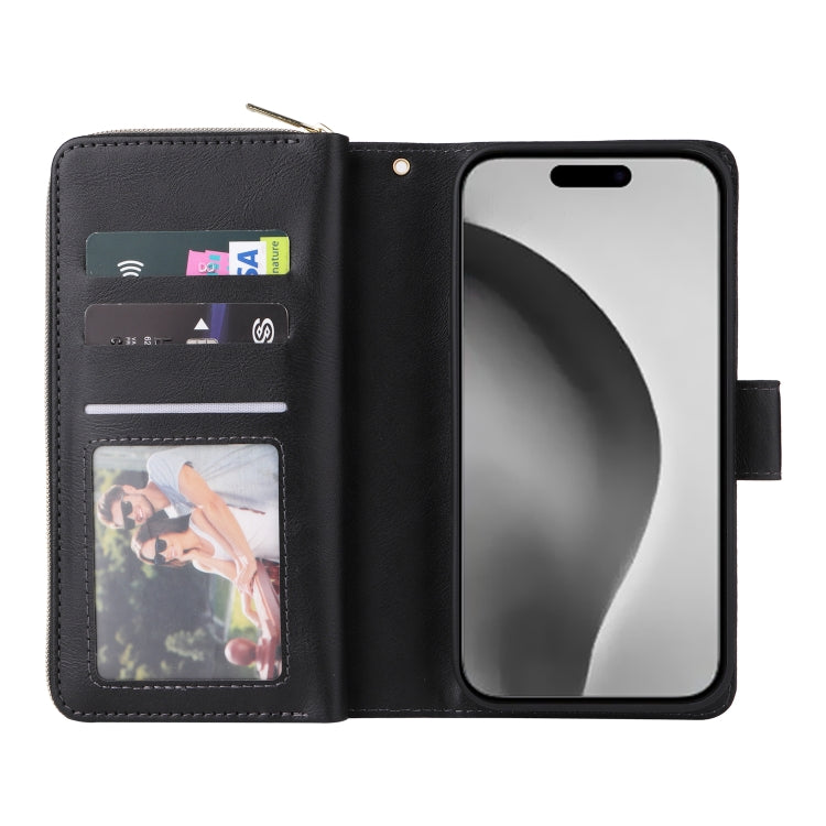 For iPhone 16 Pro Max 9 Card Slots Zipper Wallet Bag Leather Phone Case