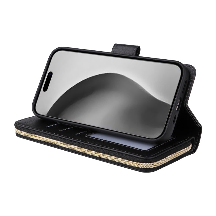For iPhone 16 Pro Max 9 Card Slots Zipper Wallet Bag Leather Phone Case