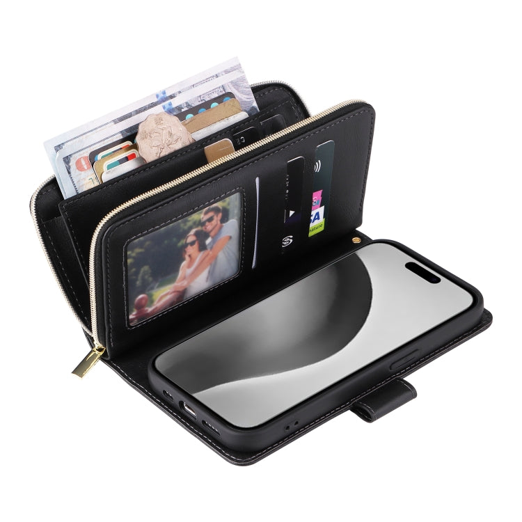 For iPhone 16 Pro Max 9 Card Slots Zipper Wallet Bag Leather Phone Case