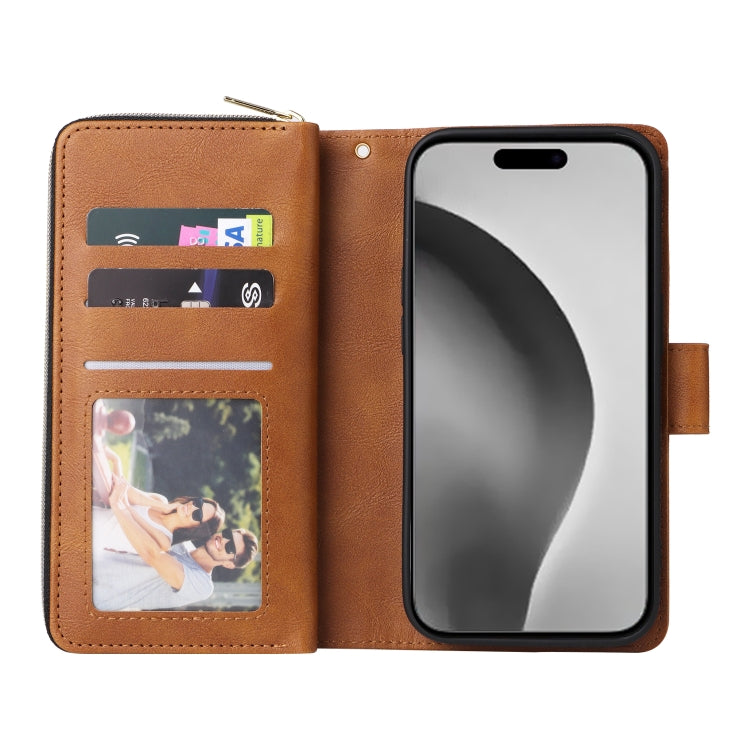 For iPhone 16 Pro Max 9 Card Slots Zipper Wallet Bag Leather Phone Case