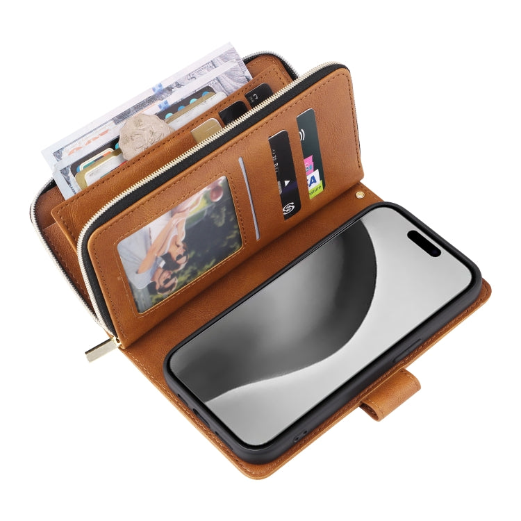 For iPhone 16 Pro Max 9 Card Slots Zipper Wallet Bag Leather Phone Case