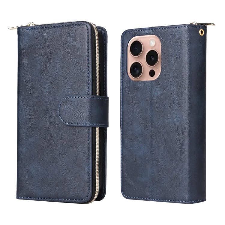 For iPhone 16 Pro 9 Card Slots Zipper Wallet Bag Leather Phone Case