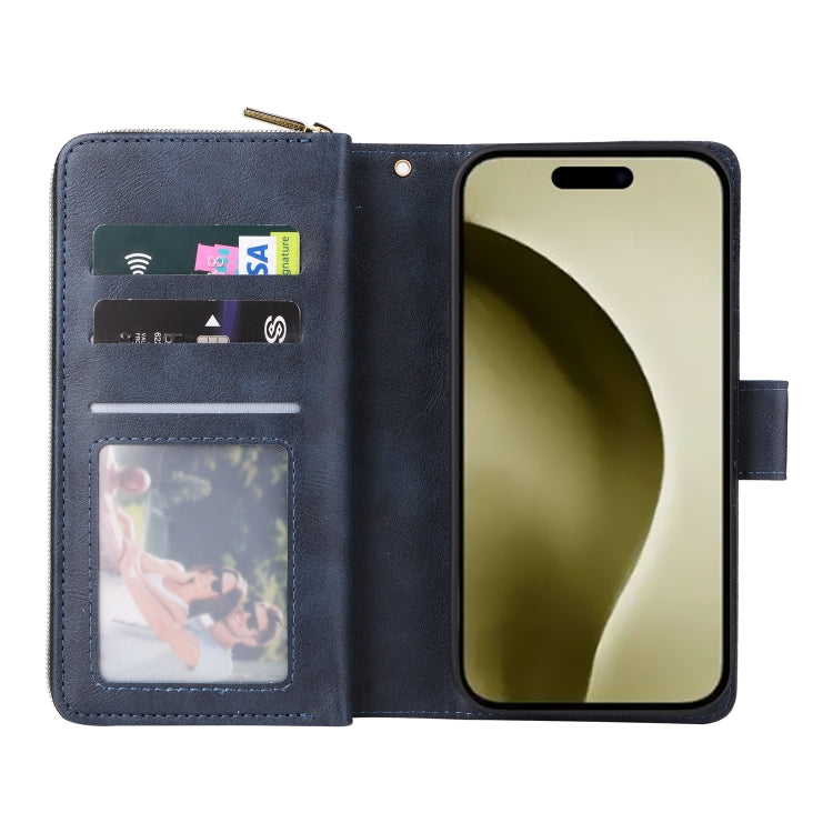 For iPhone 16 Pro 9 Card Slots Zipper Wallet Bag Leather Phone Case