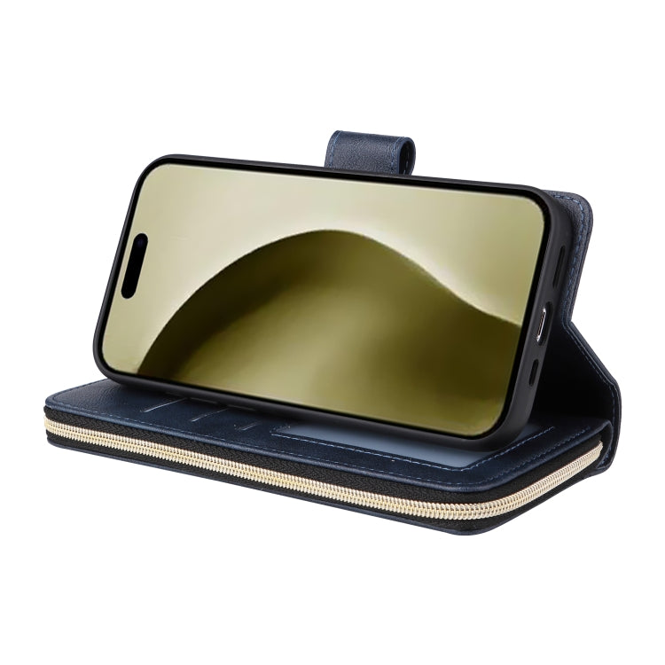 For iPhone 16 Pro 9 Card Slots Zipper Wallet Bag Leather Phone Case
