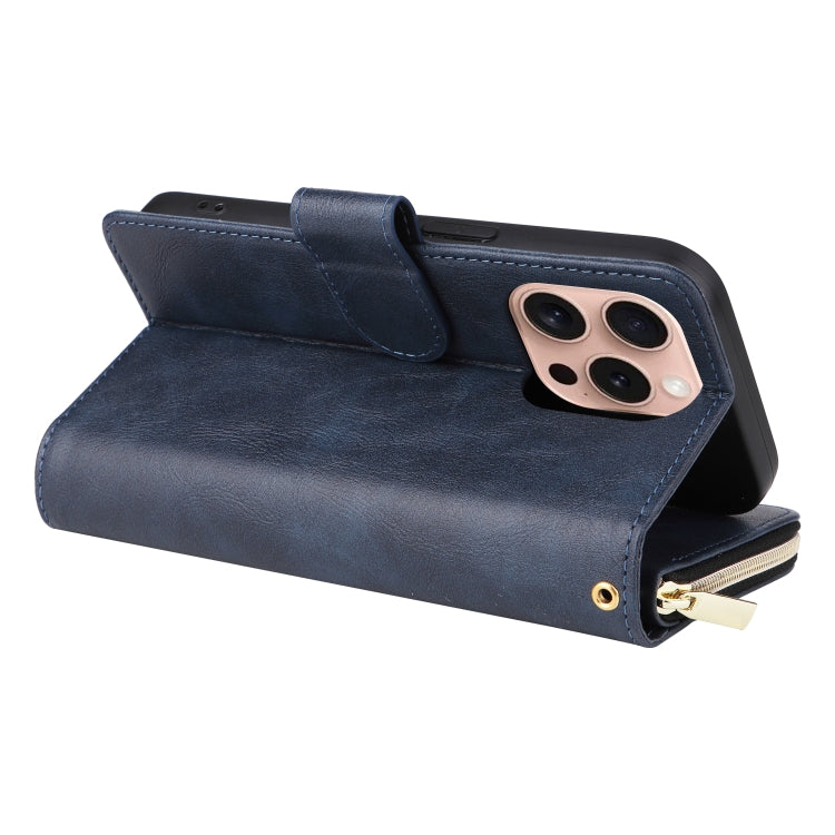 For iPhone 16 Pro 9 Card Slots Zipper Wallet Bag Leather Phone Case