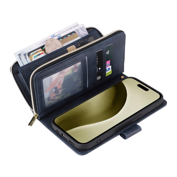 For iPhone 16 Pro 9 Card Slots Zipper Wallet Bag Leather Phone Case