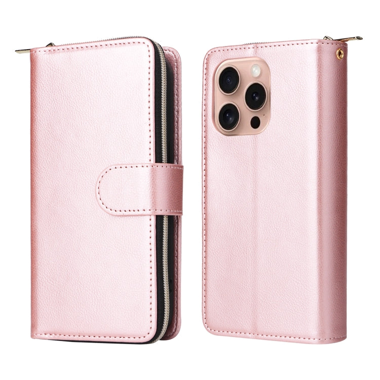 For iPhone 16 Pro 9 Card Slots Zipper Wallet Bag Leather Phone Case