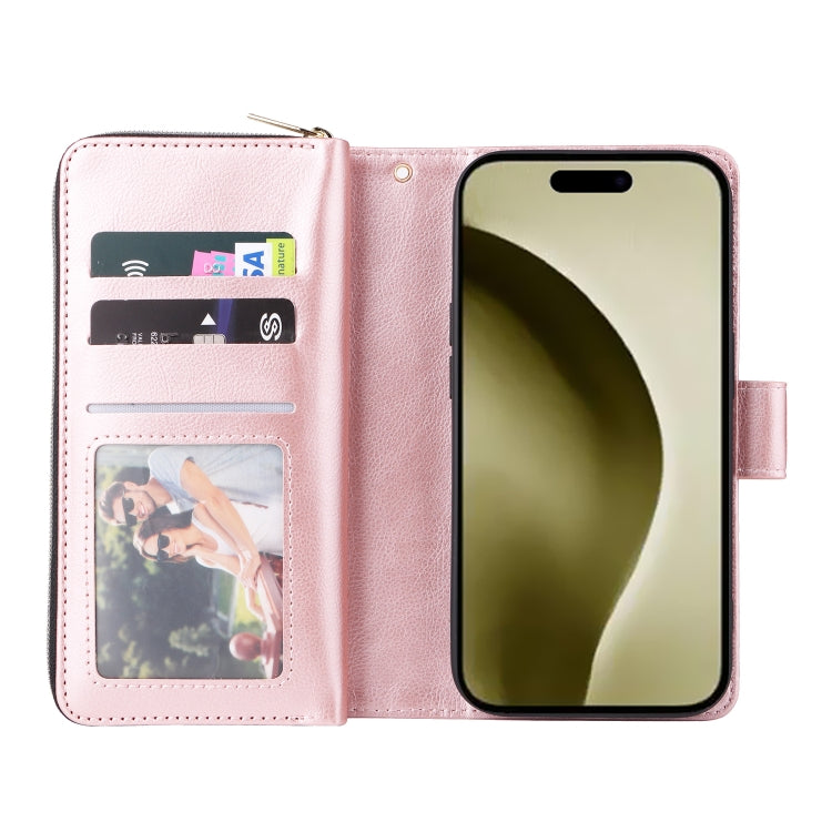 For iPhone 16 Pro 9 Card Slots Zipper Wallet Bag Leather Phone Case