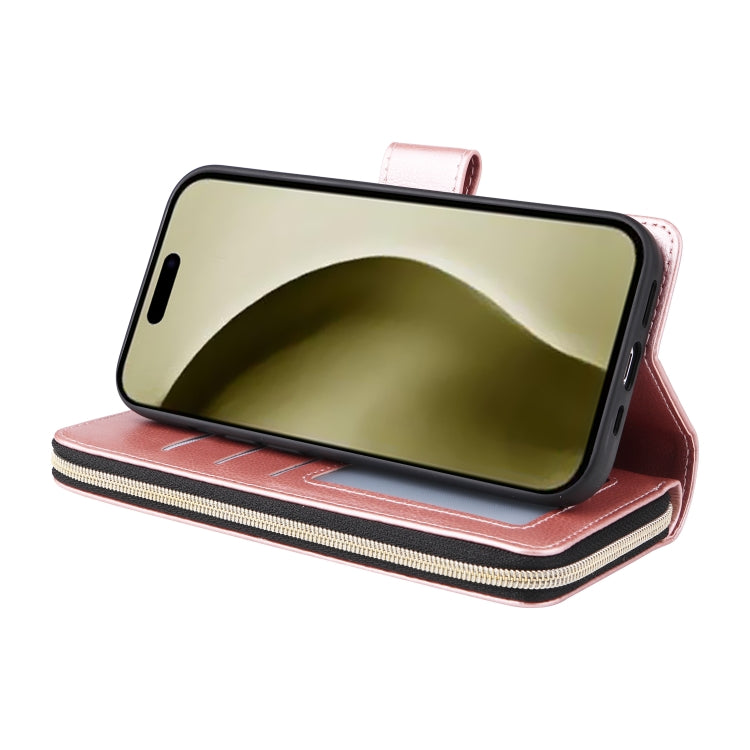 For iPhone 16 Pro 9 Card Slots Zipper Wallet Bag Leather Phone Case