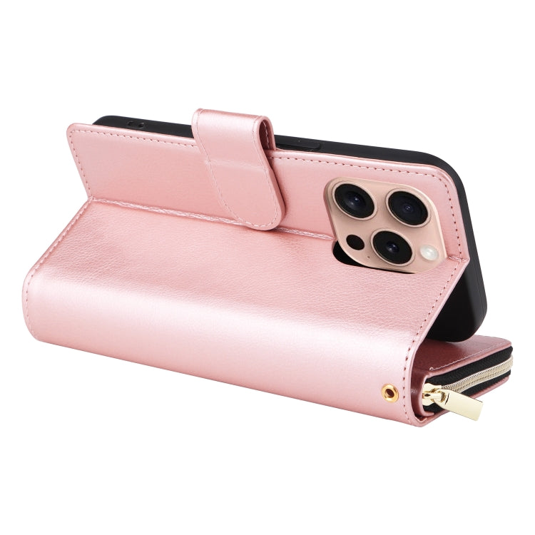 For iPhone 16 Pro 9 Card Slots Zipper Wallet Bag Leather Phone Case