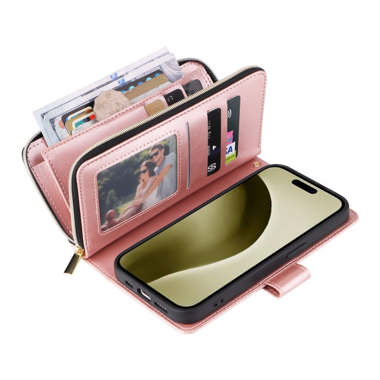 For iPhone 16 Pro 9 Card Slots Zipper Wallet Bag Leather Phone Case