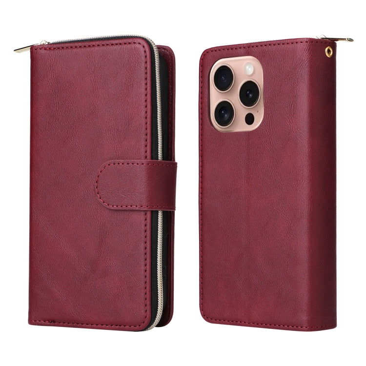 For iPhone 16 Pro 9 Card Slots Zipper Wallet Bag Leather Phone Case
