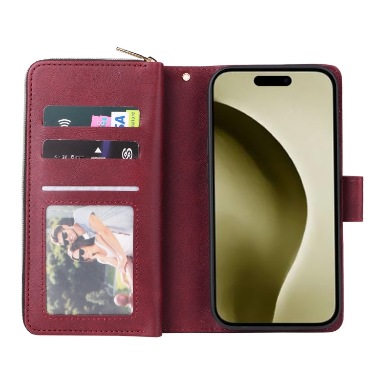 For iPhone 16 Pro 9 Card Slots Zipper Wallet Bag Leather Phone Case