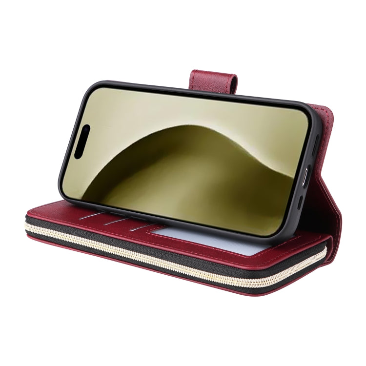 For iPhone 16 Pro 9 Card Slots Zipper Wallet Bag Leather Phone Case