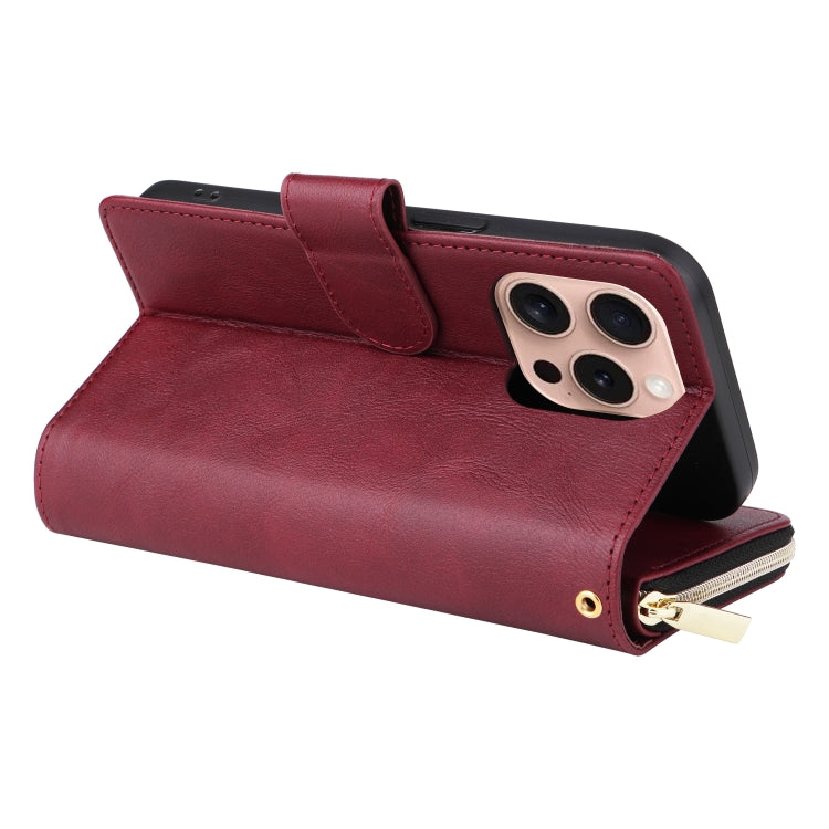 For iPhone 16 Pro 9 Card Slots Zipper Wallet Bag Leather Phone Case