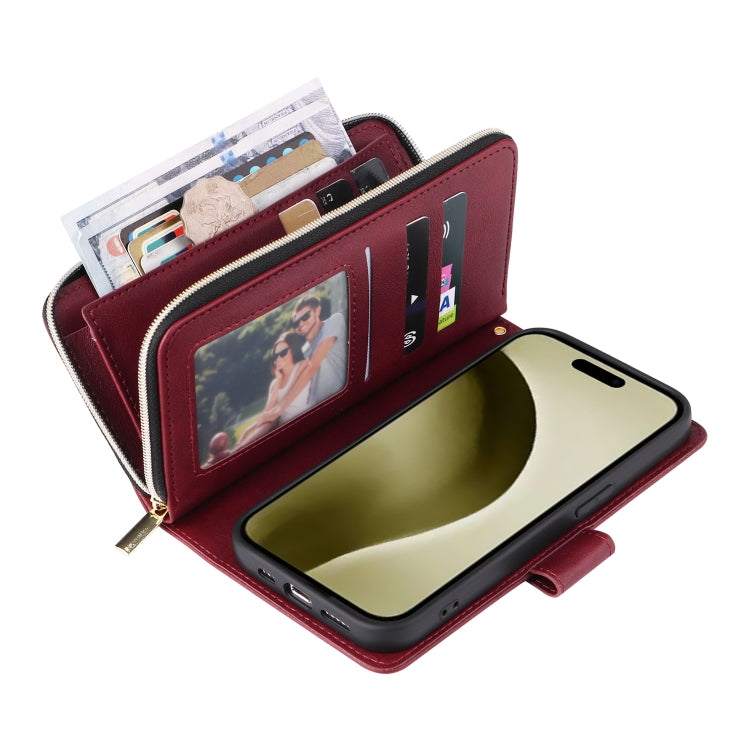 For iPhone 16 Pro 9 Card Slots Zipper Wallet Bag Leather Phone Case