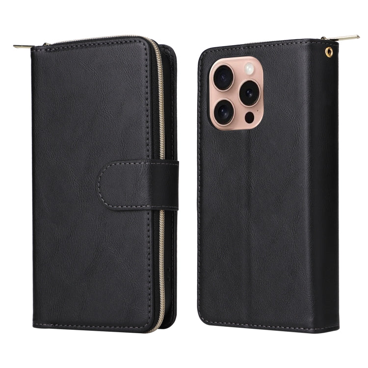 For iPhone 16 Pro 9 Card Slots Zipper Wallet Bag Leather Phone Case