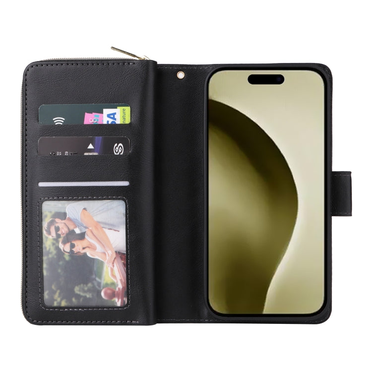 For iPhone 16 Pro 9 Card Slots Zipper Wallet Bag Leather Phone Case