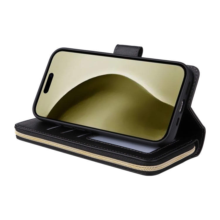For iPhone 16 Pro 9 Card Slots Zipper Wallet Bag Leather Phone Case