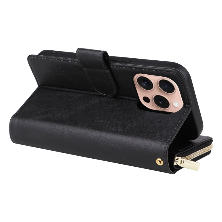 For iPhone 16 Pro 9 Card Slots Zipper Wallet Bag Leather Phone Case