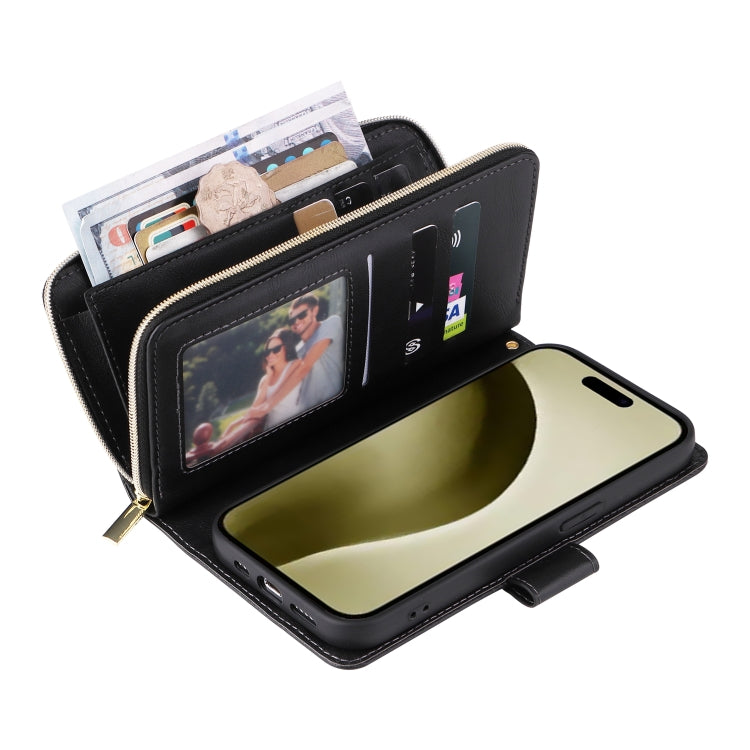 For iPhone 16 Pro 9 Card Slots Zipper Wallet Bag Leather Phone Case