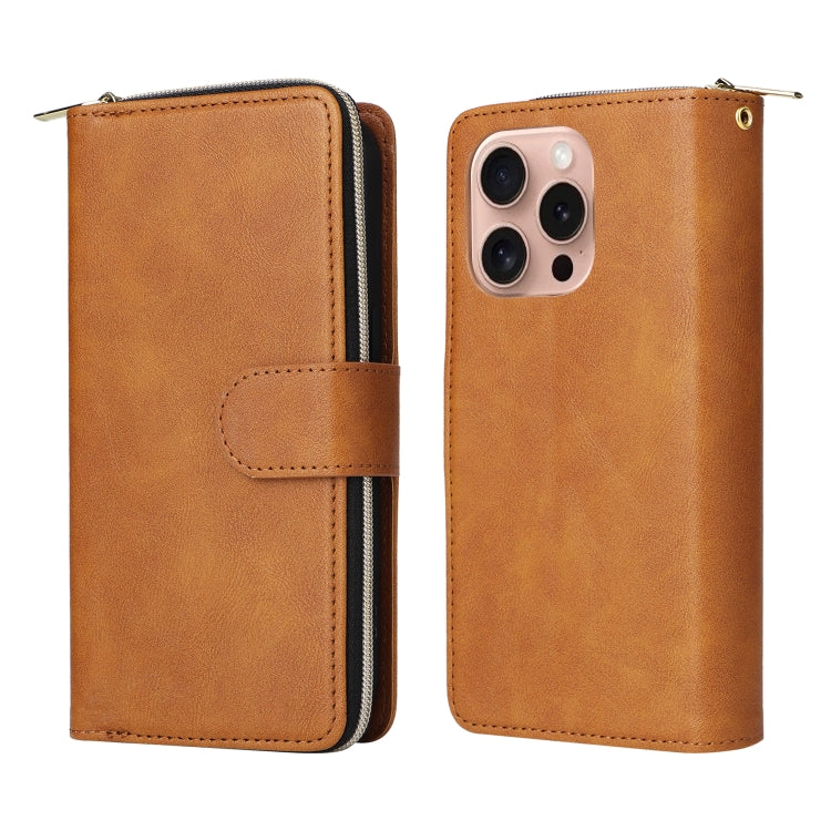 For iPhone 16 Pro 9 Card Slots Zipper Wallet Bag Leather Phone Case