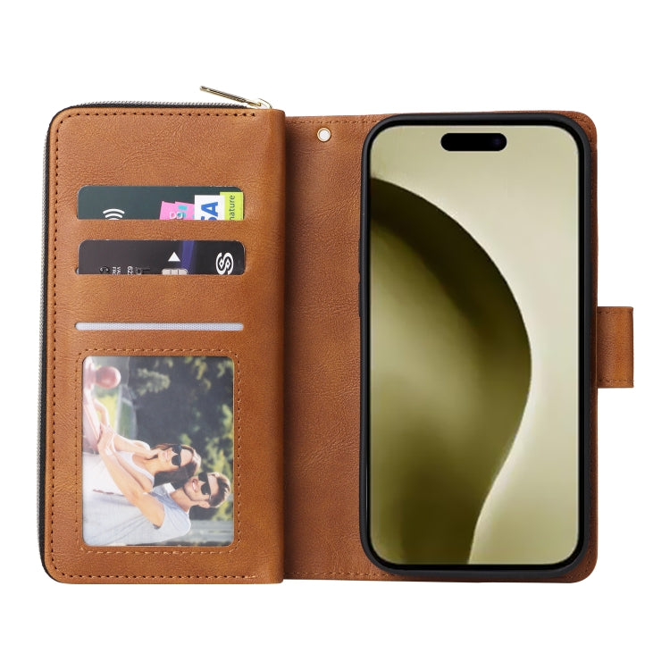 For iPhone 16 Pro 9 Card Slots Zipper Wallet Bag Leather Phone Case