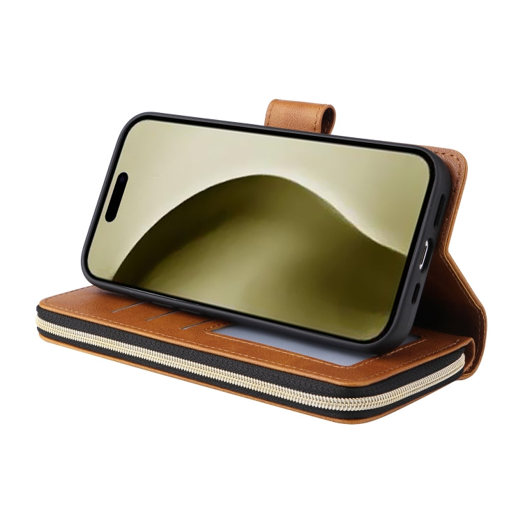 For iPhone 16 Pro 9 Card Slots Zipper Wallet Bag Leather Phone Case