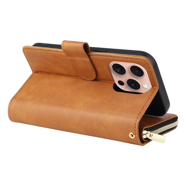 For iPhone 16 Pro 9 Card Slots Zipper Wallet Bag Leather Phone Case