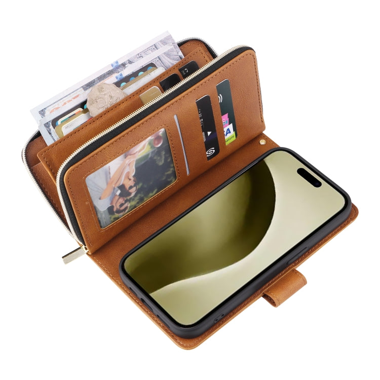 For iPhone 16 Pro 9 Card Slots Zipper Wallet Bag Leather Phone Case