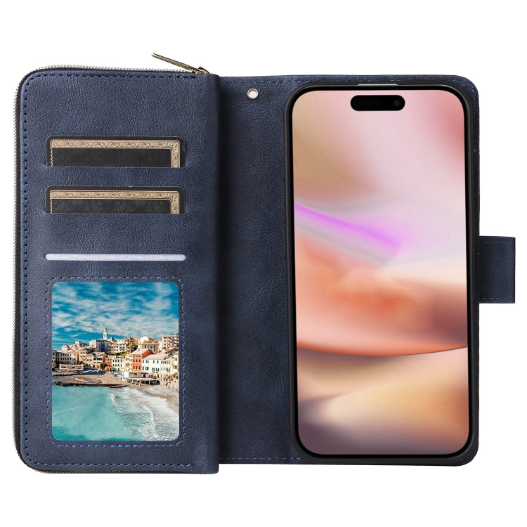 For iPhone 16 Plus 9 Card Slots Zipper Wallet Bag Leather Phone Case