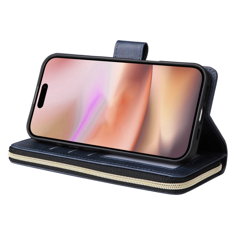 For iPhone 16 Plus 9 Card Slots Zipper Wallet Bag Leather Phone Case