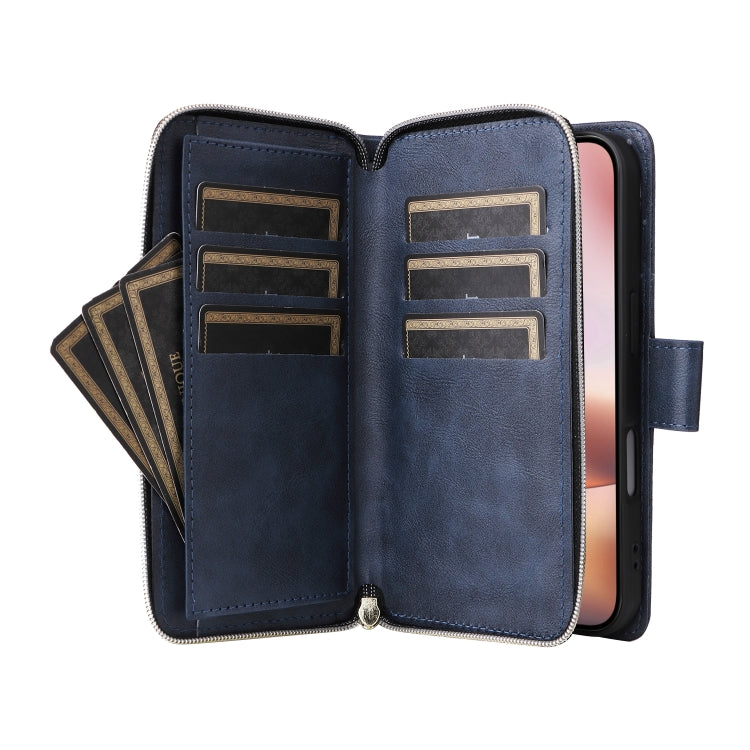For iPhone 16 Plus 9 Card Slots Zipper Wallet Bag Leather Phone Case