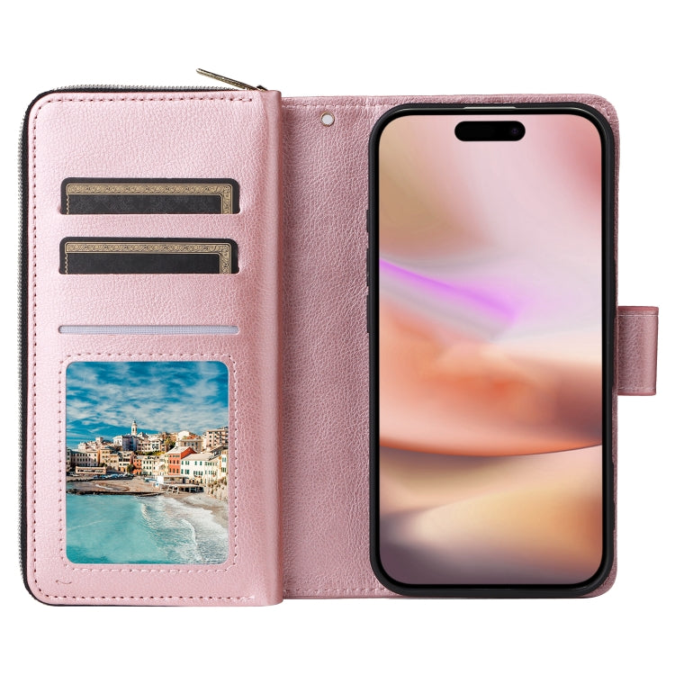 For iPhone 16 Plus 9 Card Slots Zipper Wallet Bag Leather Phone Case