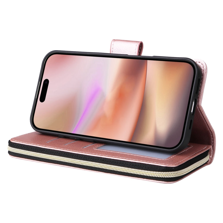 For iPhone 16 Plus 9 Card Slots Zipper Wallet Bag Leather Phone Case
