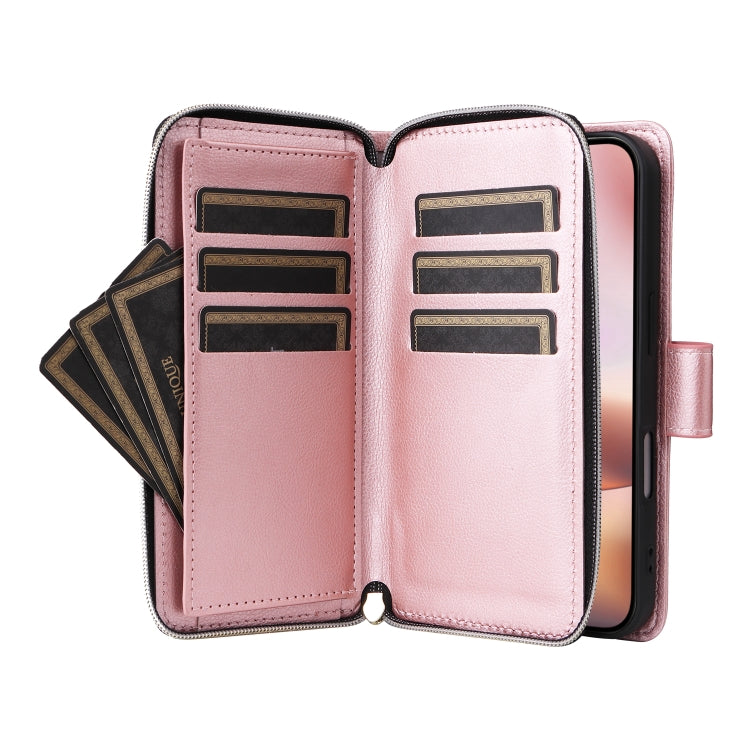 For iPhone 16 Plus 9 Card Slots Zipper Wallet Bag Leather Phone Case