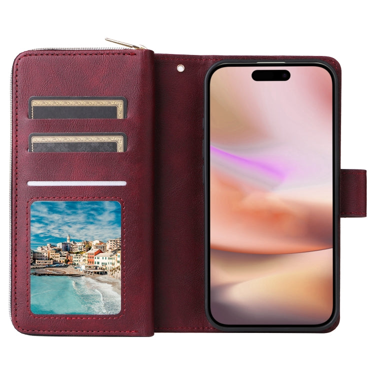 For iPhone 16 Plus 9 Card Slots Zipper Wallet Bag Leather Phone Case