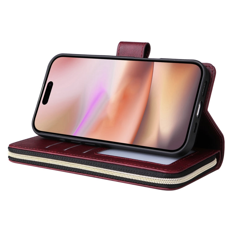 For iPhone 16 Plus 9 Card Slots Zipper Wallet Bag Leather Phone Case