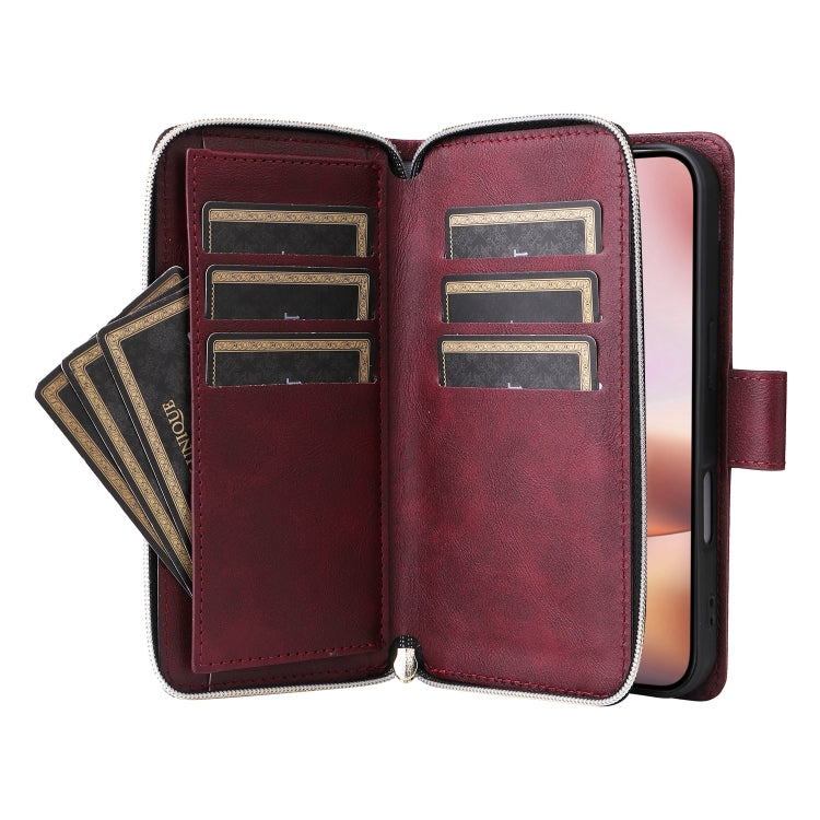 For iPhone 16 Plus 9 Card Slots Zipper Wallet Bag Leather Phone Case