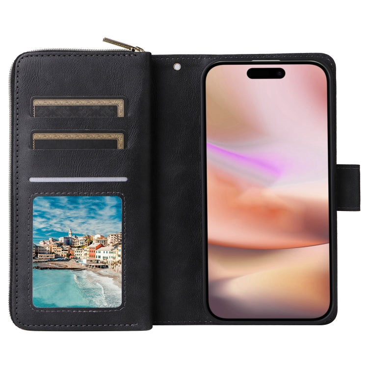 For iPhone 16 Plus 9 Card Slots Zipper Wallet Bag Leather Phone Case
