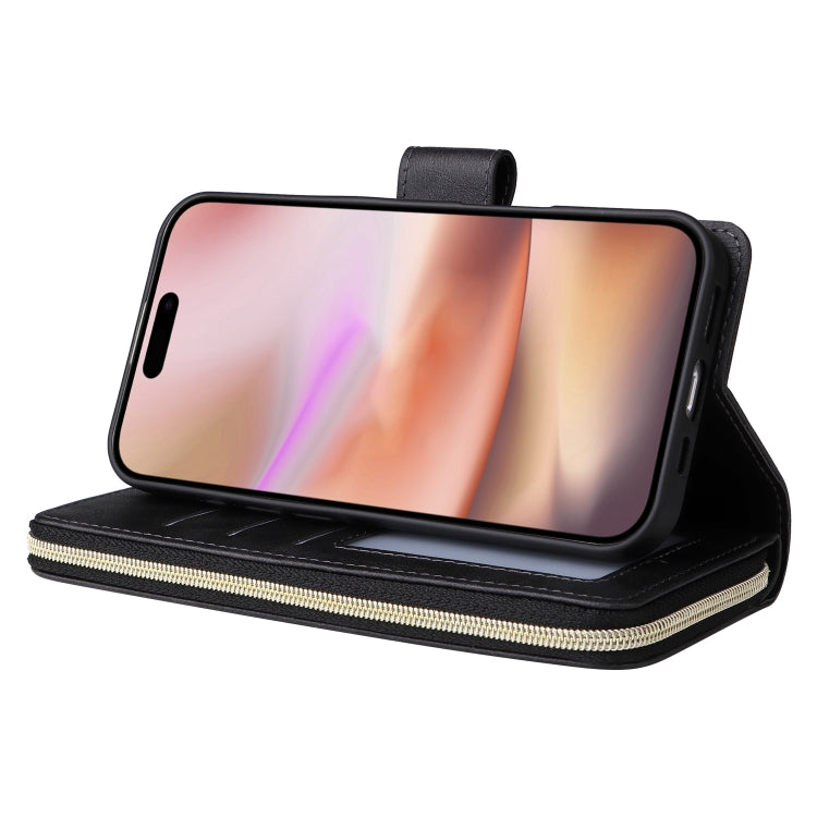 For iPhone 16 Plus 9 Card Slots Zipper Wallet Bag Leather Phone Case