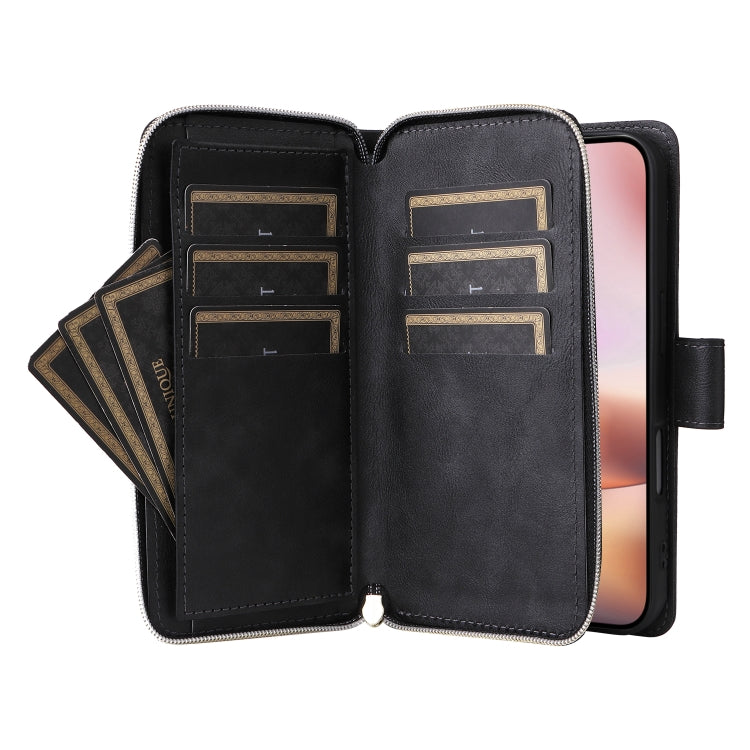 For iPhone 16 Plus 9 Card Slots Zipper Wallet Bag Leather Phone Case