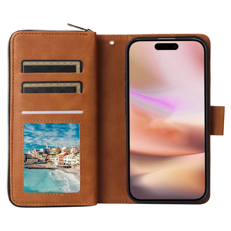 For iPhone 16 Plus 9 Card Slots Zipper Wallet Bag Leather Phone Case