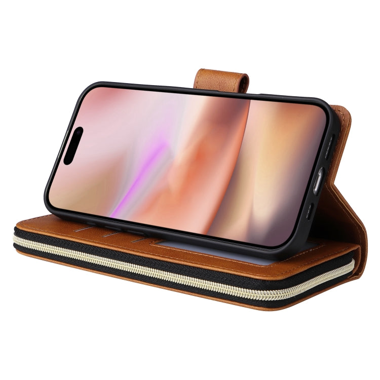 For iPhone 16 Plus 9 Card Slots Zipper Wallet Bag Leather Phone Case